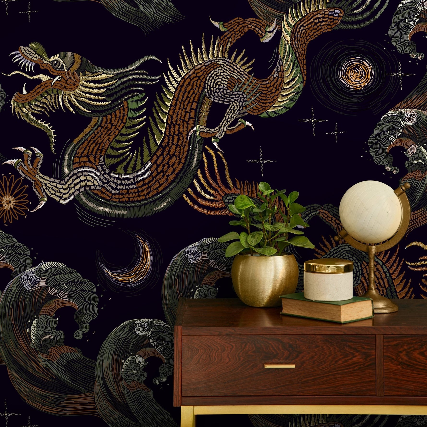 Dark Chinoiserie Wallpaper Vintage Dragon Wallpaper Peel and Stick and Traditional Wallpaper - D877 - WallTrend