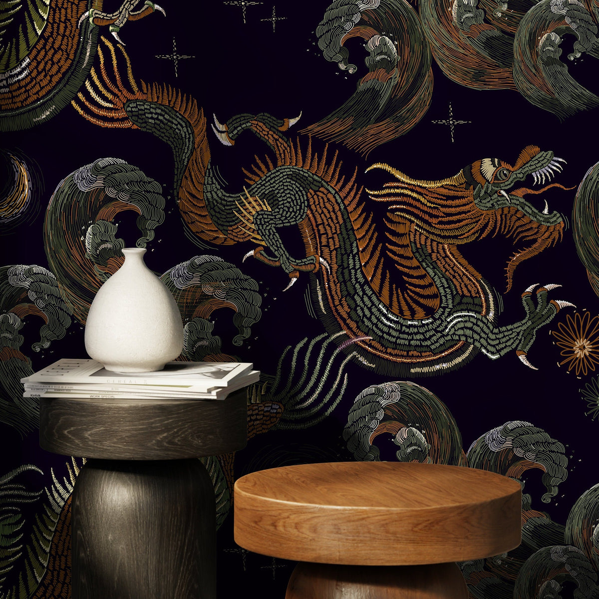 Dark Chinoiserie Wallpaper Vintage Dragon Wallpaper Peel and Stick and Traditional Wallpaper - D877 - WallTrend