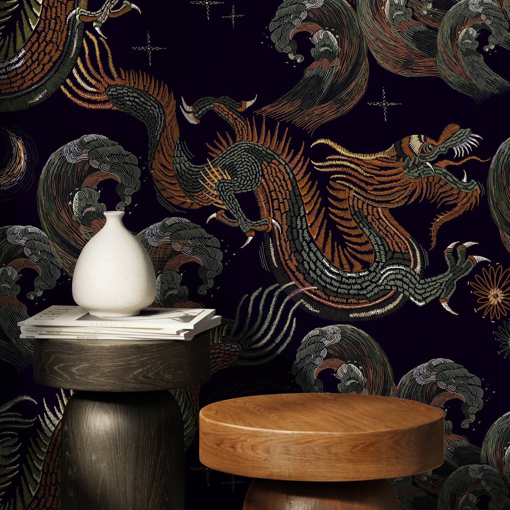 Dark Chinoiserie Wallpaper Vintage Dragon Wallpaper Peel and Stick and Traditional Wallpaper - D877 - WallTrend