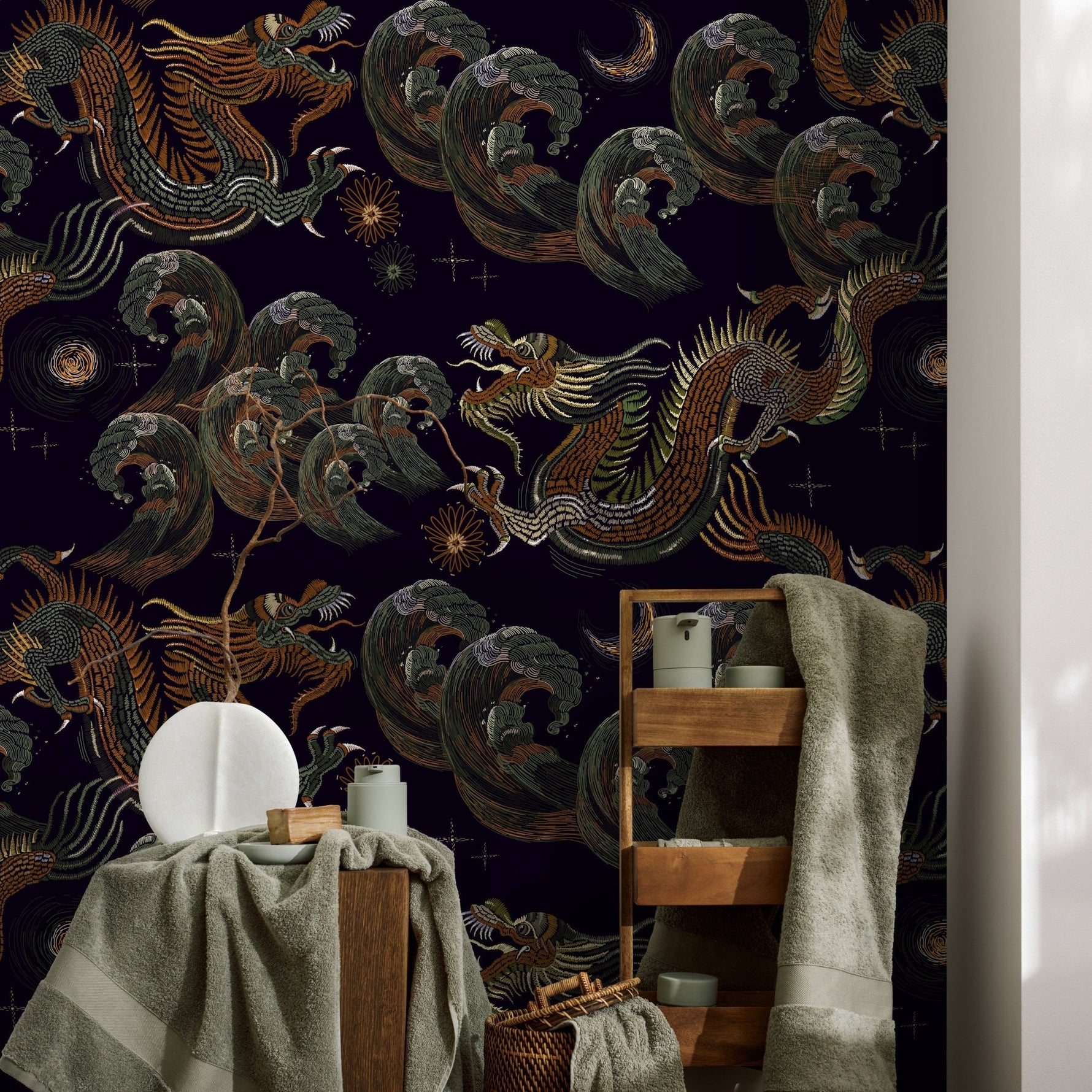 Dark Chinoiserie Wallpaper Vintage Dragon Wallpaper Peel and Stick and Traditional Wallpaper - D877 - WallTrend