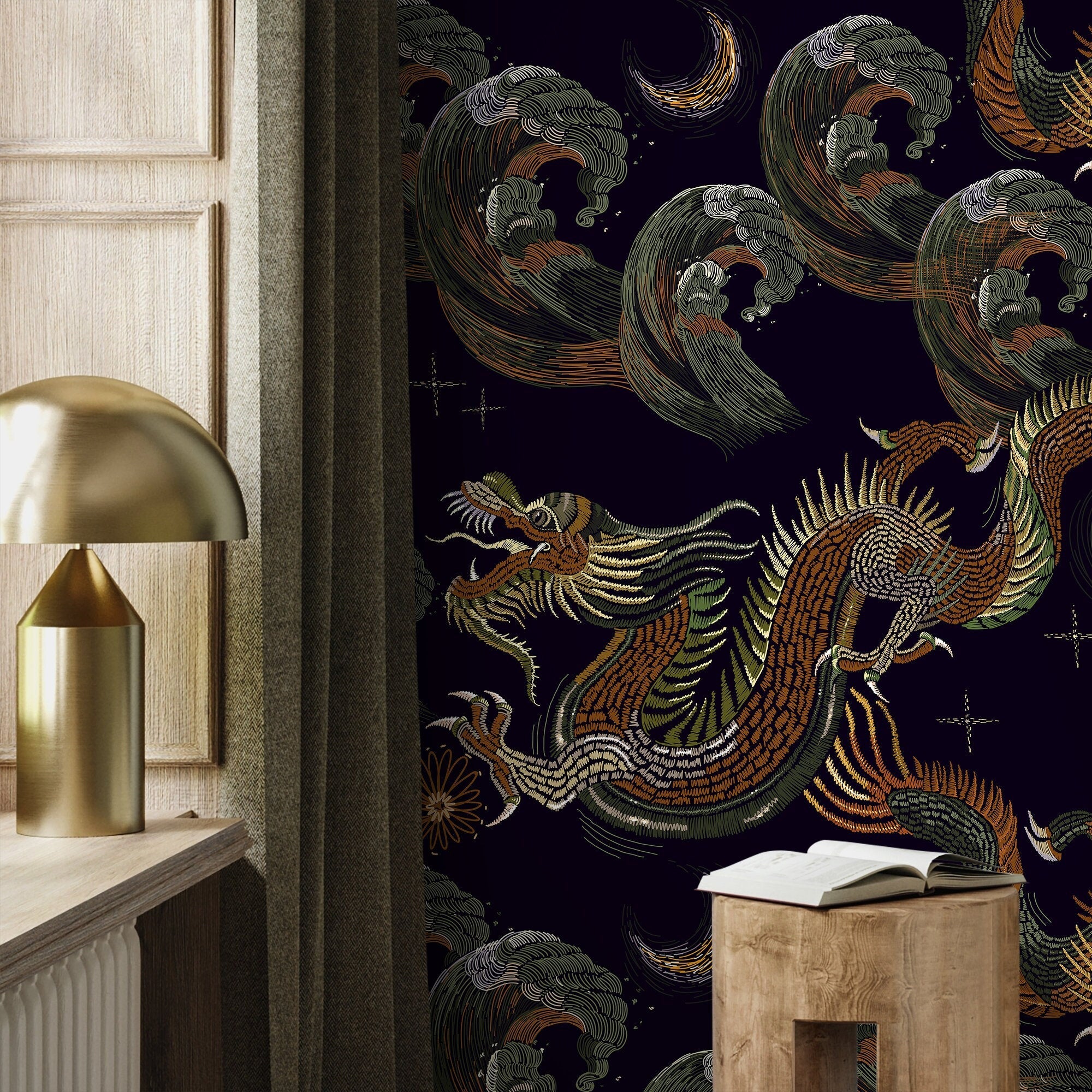 Dark Chinoiserie Wallpaper Vintage Dragon Wallpaper Peel and Stick and Traditional Wallpaper - D877 - WallTrend