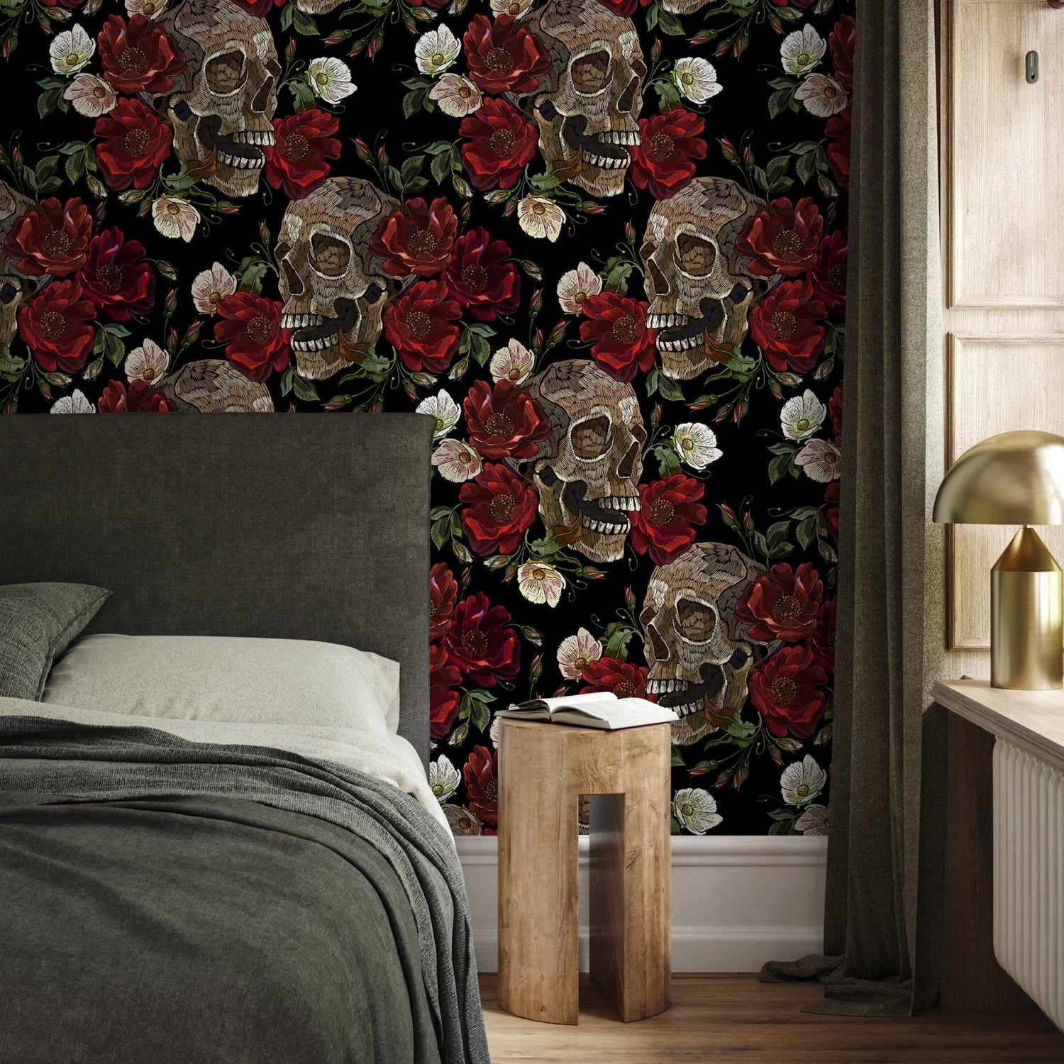 Dark Floral and Skull Wallpaper Maximalist Wallpaper Peel and Stick and Traditional Wallpaper - D905 - WallTrend