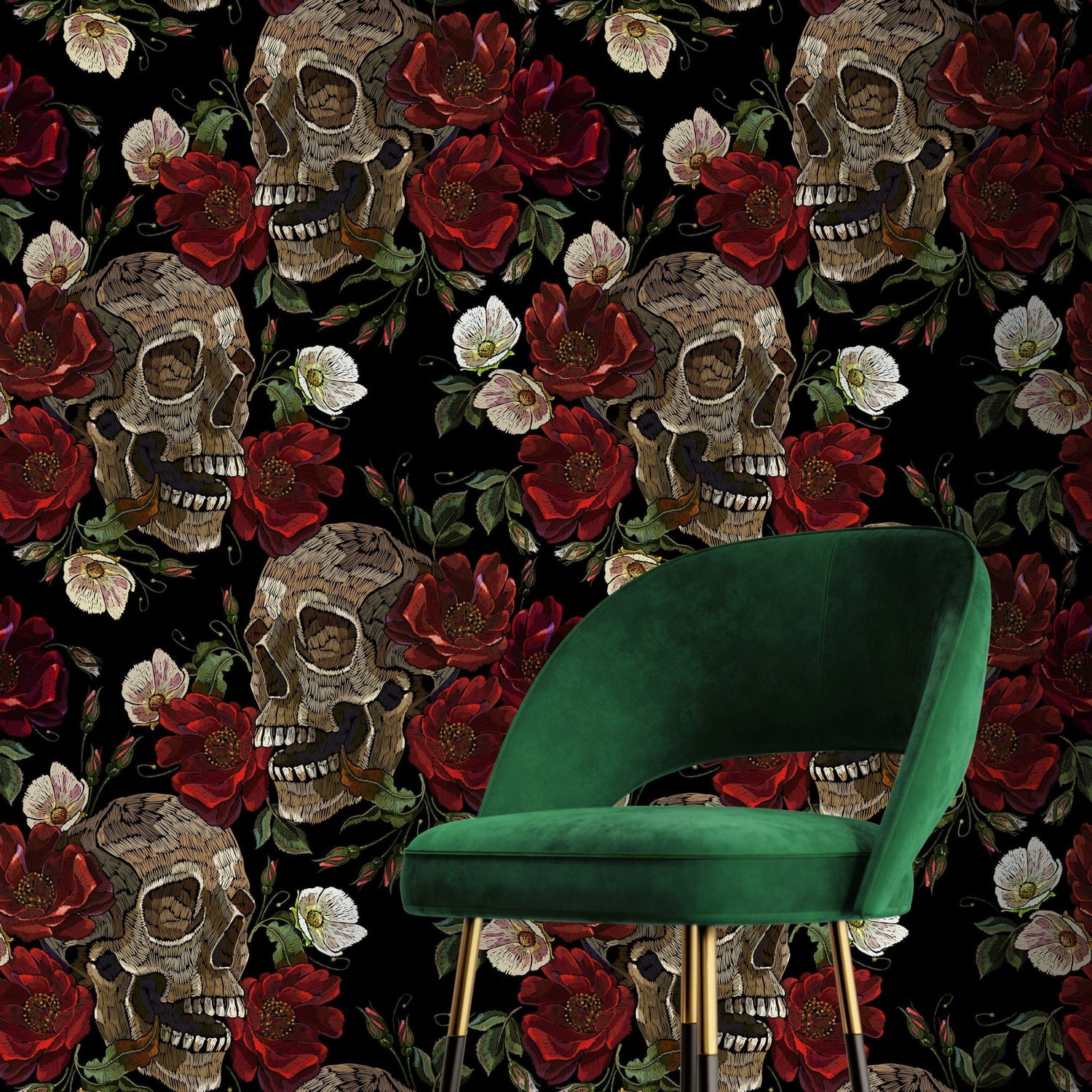 Dark Floral and Skull Wallpaper Maximalist Wallpaper Peel and Stick and Traditional Wallpaper - D905 - WallTrend