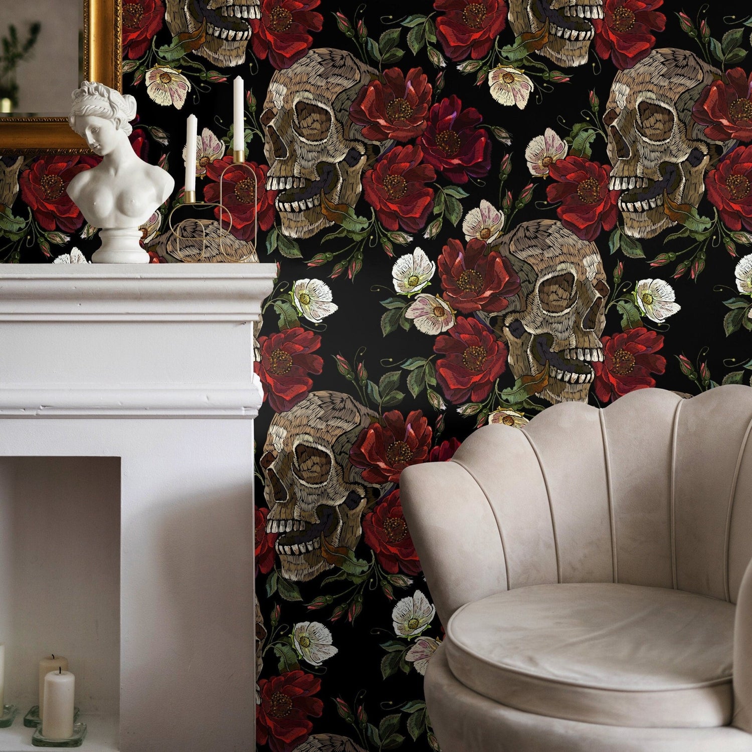 Dark Floral and Skull Wallpaper Maximalist Wallpaper Peel and Stick and Traditional Wallpaper - D905 - WallTrend