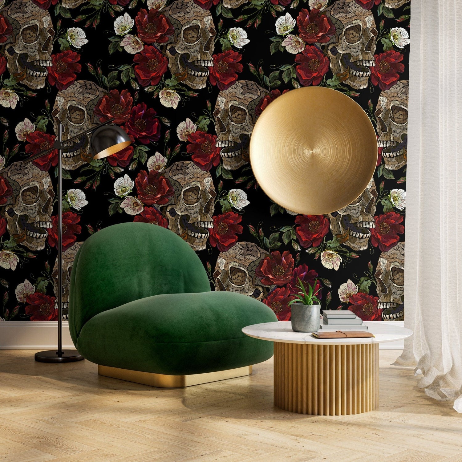 Dark Floral and Skull Wallpaper Maximalist Wallpaper Peel and Stick and Traditional Wallpaper - D905 - WallTrend