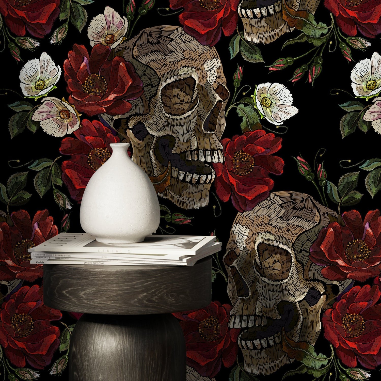 Dark Floral and Skull Wallpaper Maximalist Wallpaper Peel and Stick and Traditional Wallpaper - D905 - WallTrend