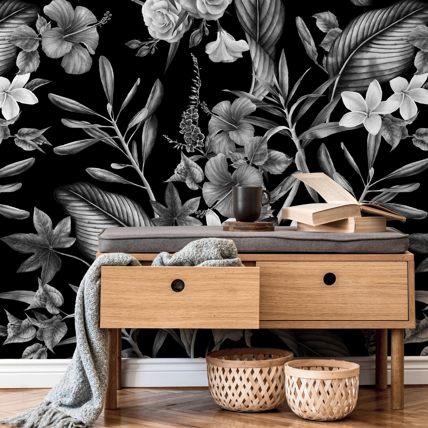 Dark Floral Botanical Wallpaper Vintage Wallpaper Peel and Stick and Traditional Wallpaper - A382 - WallTrend