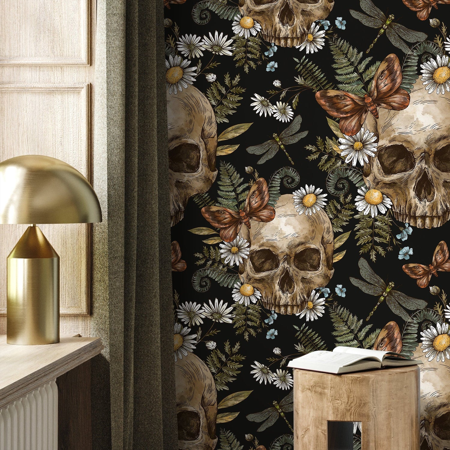 Dark Floral Wallpaper Fern and Skull Wallpaper Peel and Stick and Traditional Wallpaper - D829 - WallTrend