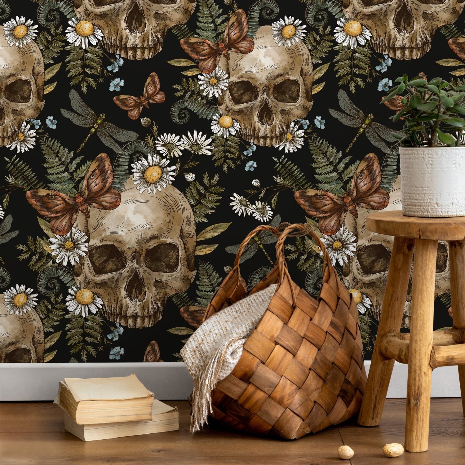 Dark Floral Wallpaper Fern and Skull Wallpaper Peel and Stick and Traditional Wallpaper - D829 - WallTrend