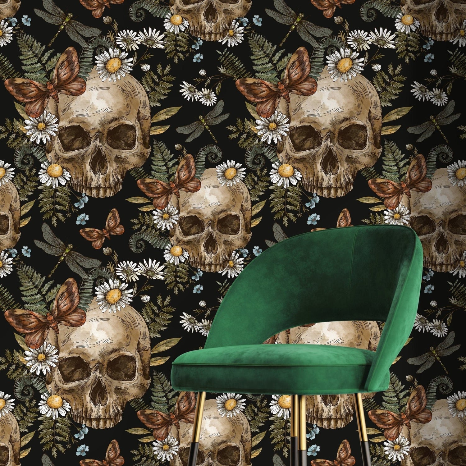 Dark Floral Wallpaper Fern and Skull Wallpaper Peel and Stick and Traditional Wallpaper - D829 - WallTrend