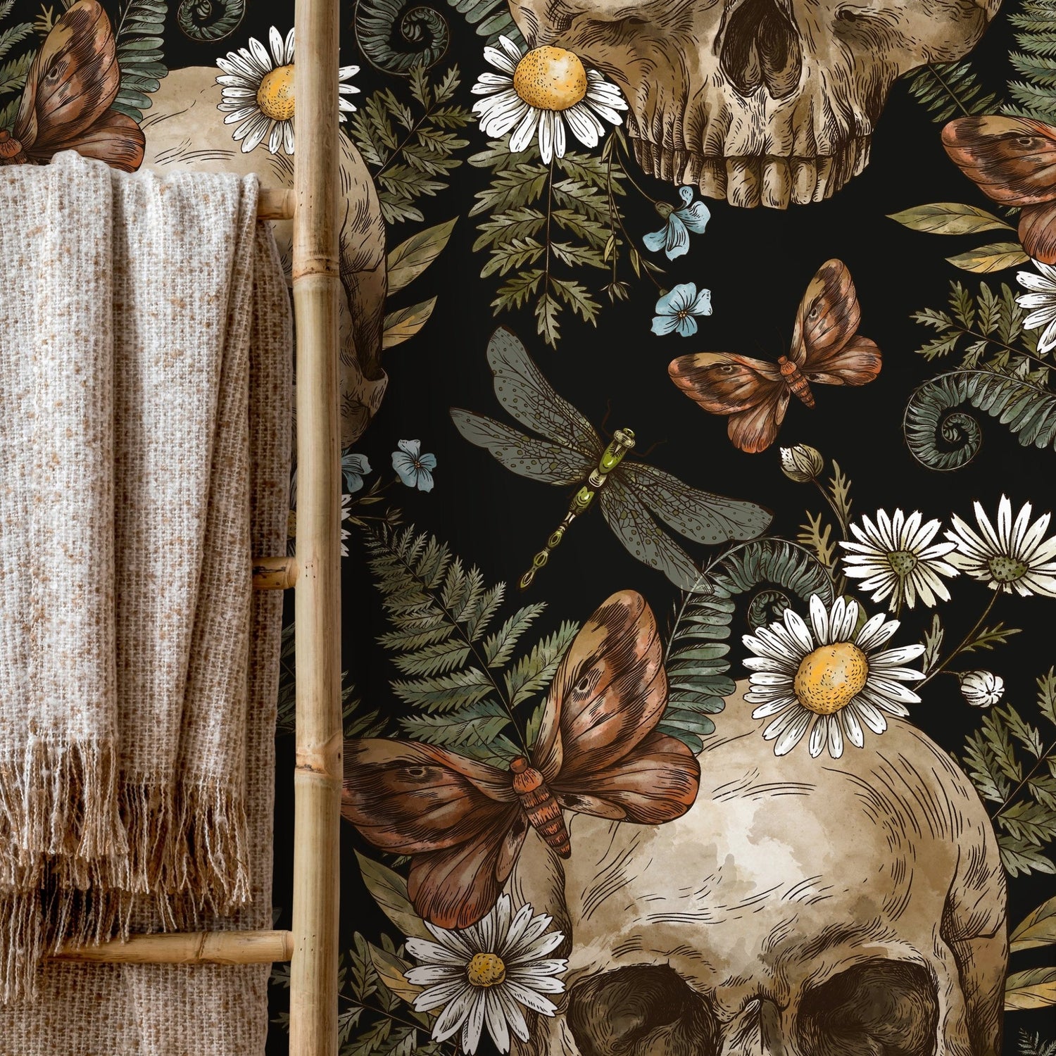 Dark Floral Wallpaper Fern and Skull Wallpaper Peel and Stick and Traditional Wallpaper - D829 - WallTrend