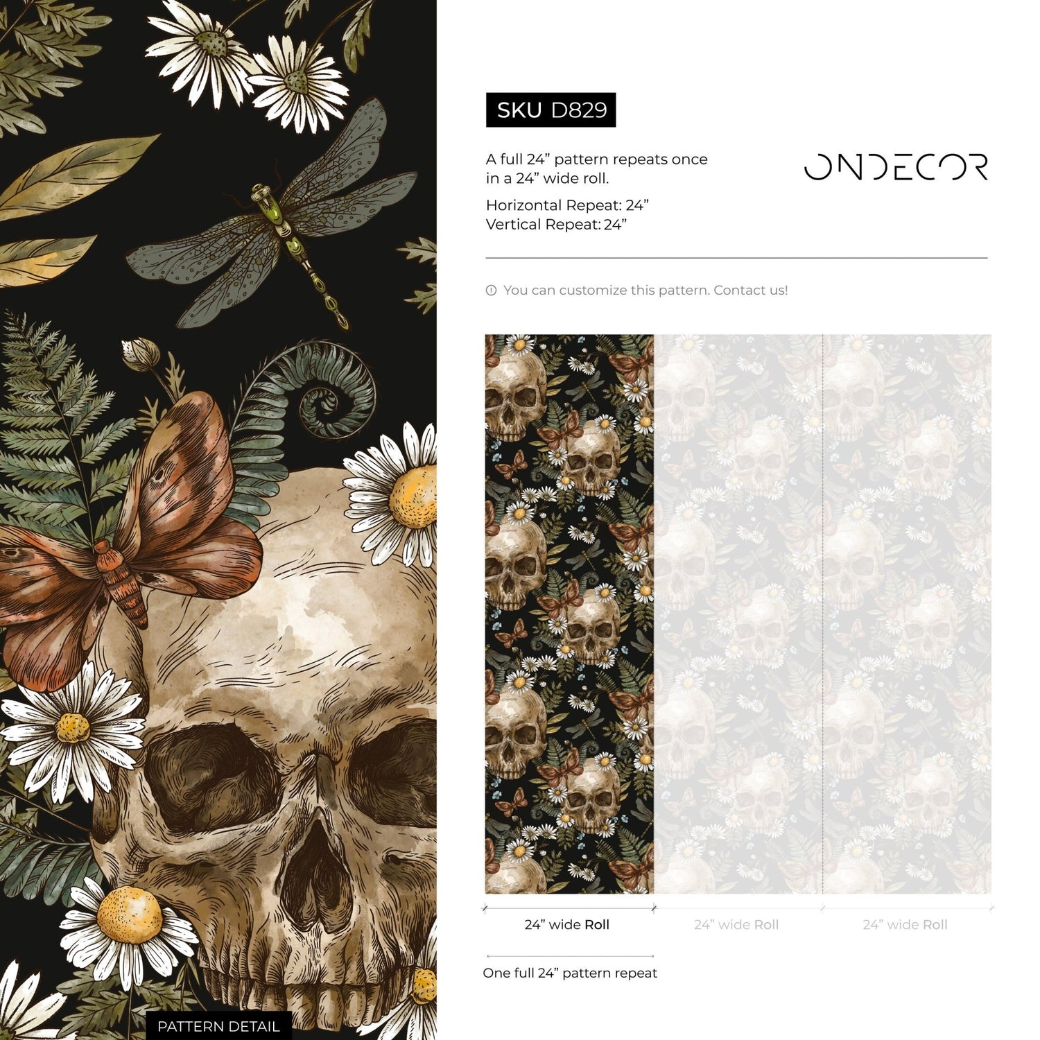 Dark Floral Wallpaper Fern and Skull Wallpaper Peel and Stick and Traditional Wallpaper - D829 - WallTrend