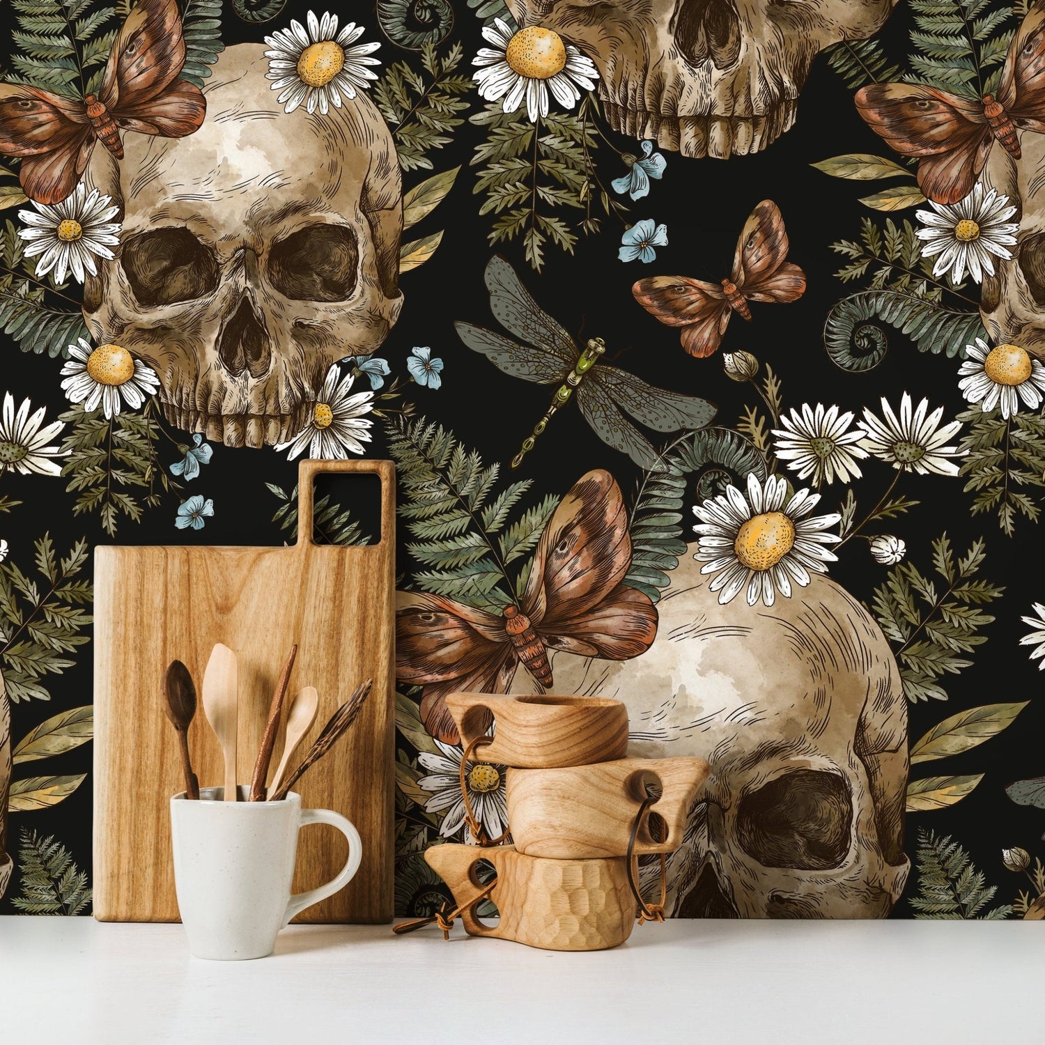 Dark Floral Wallpaper Fern and Skull Wallpaper Peel and Stick and Traditional Wallpaper - D829 - WallTrend