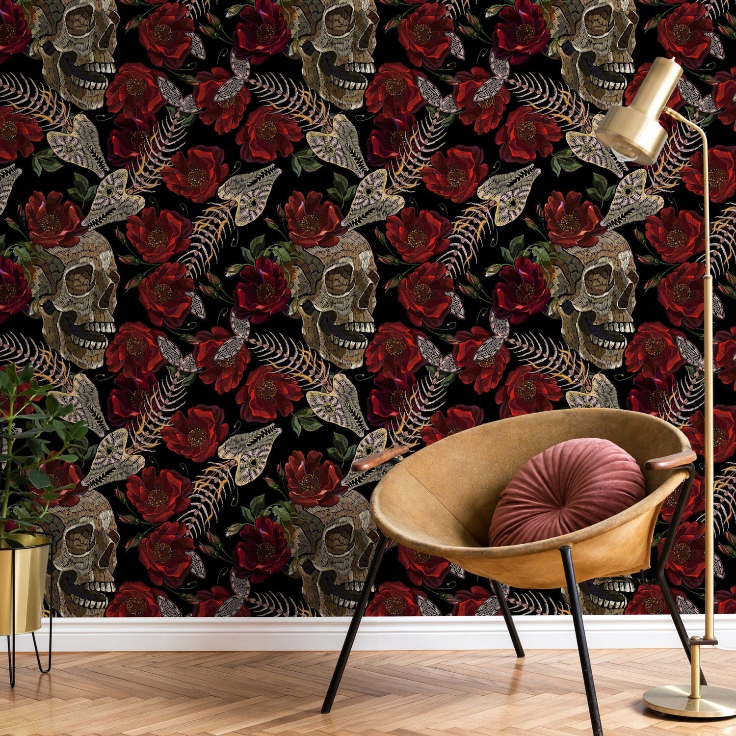 Dark Floral Wallpaper Fish Skeleton and Skull Wallpaper Peel and Stick and Traditional Wallpaper - D914 - WallTrend