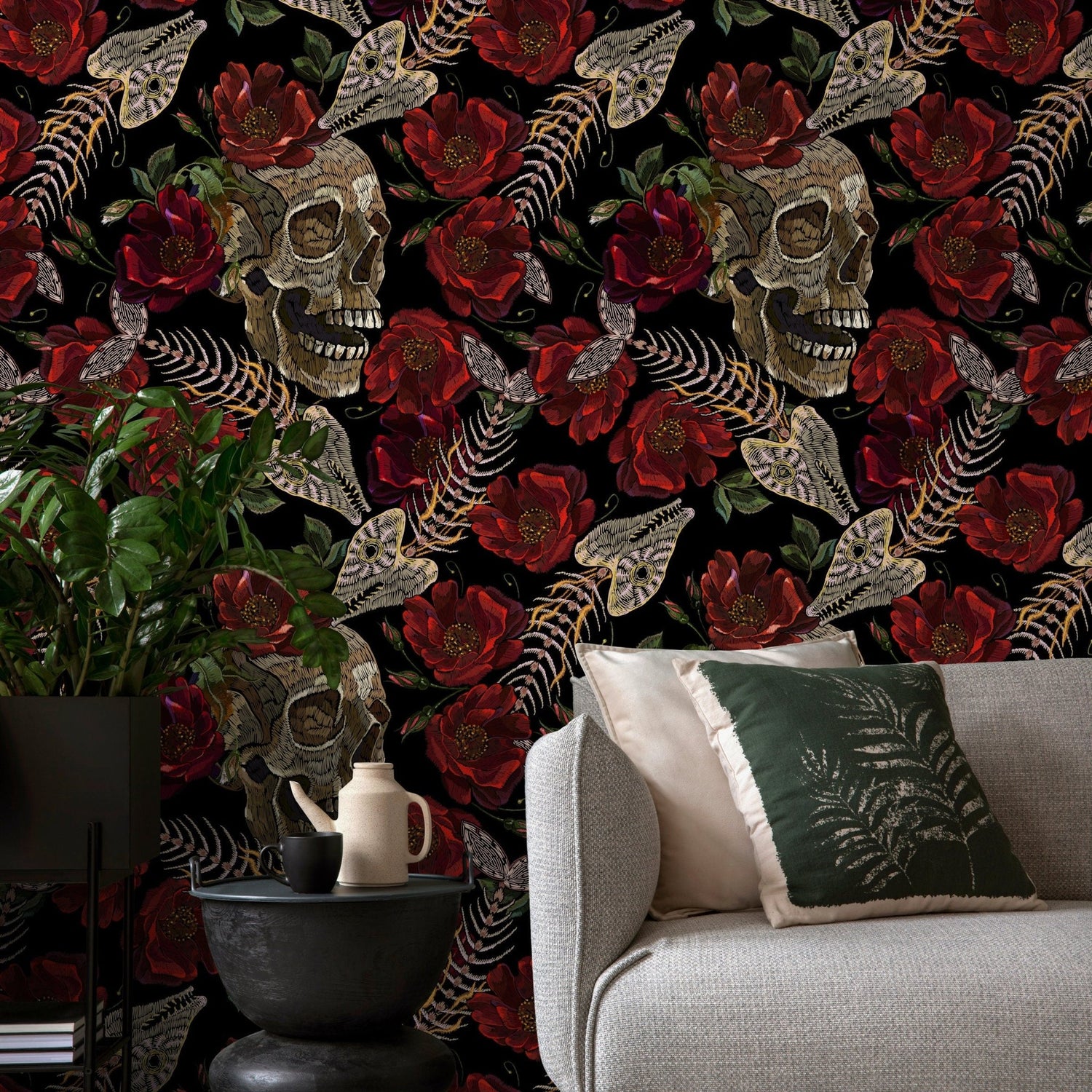 Dark Floral Wallpaper Fish Skeleton and Skull Wallpaper Peel and Stick and Traditional Wallpaper - D914 - WallTrend