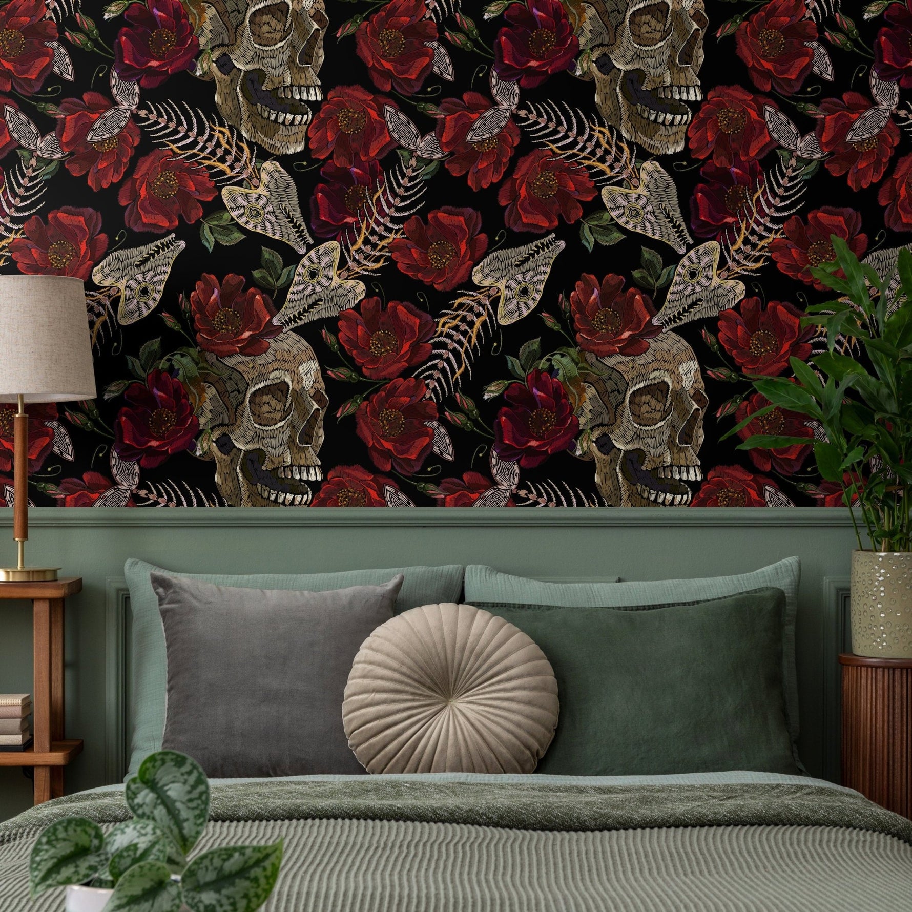 Dark Floral Wallpaper Fish Skeleton and Skull Wallpaper Peel and Stick and Traditional Wallpaper - D914 - WallTrend