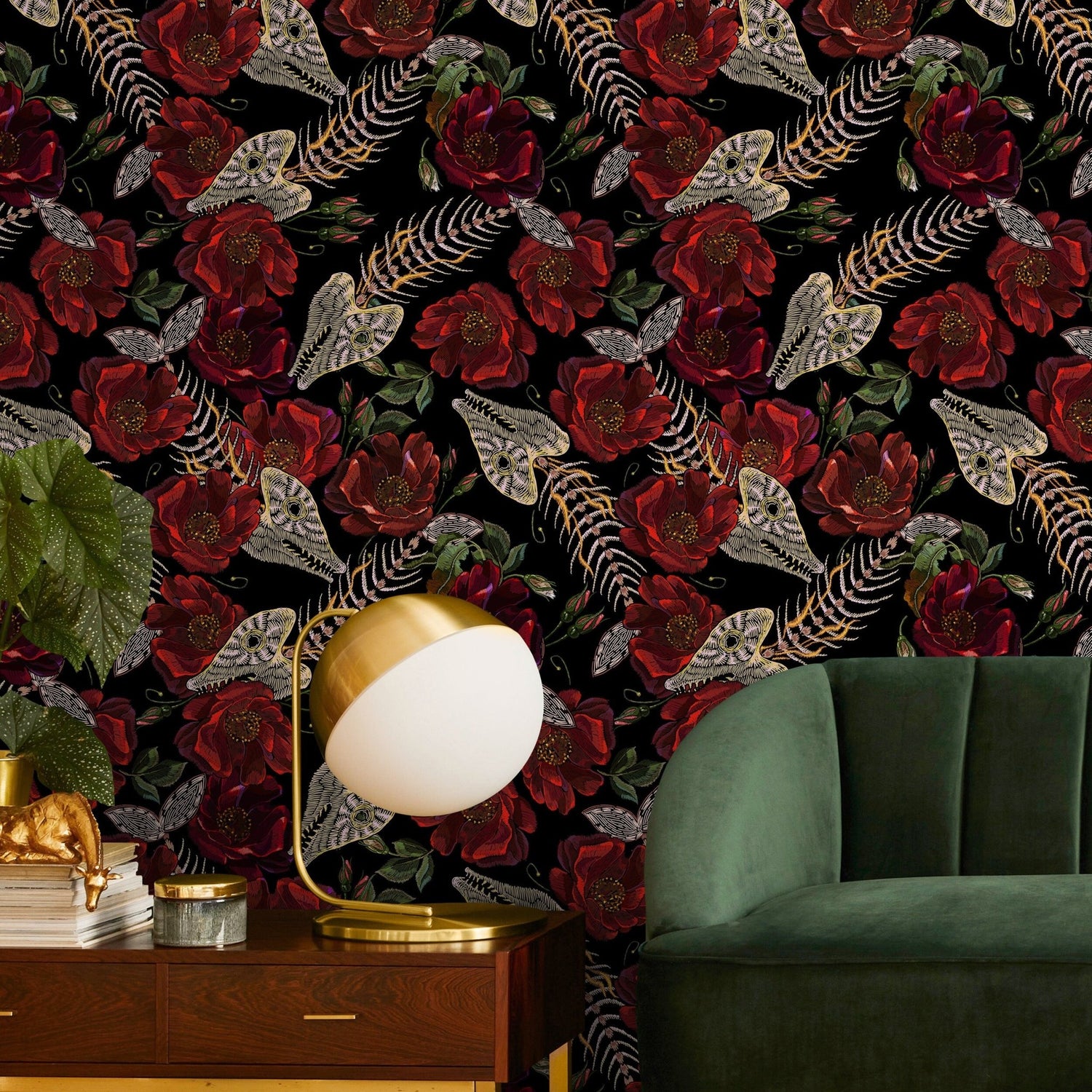 Dark Floral Wallpaper Fish Skeleton Wallpaper Peel and Stick and Traditional Wallpaper - D912 - WallTrend