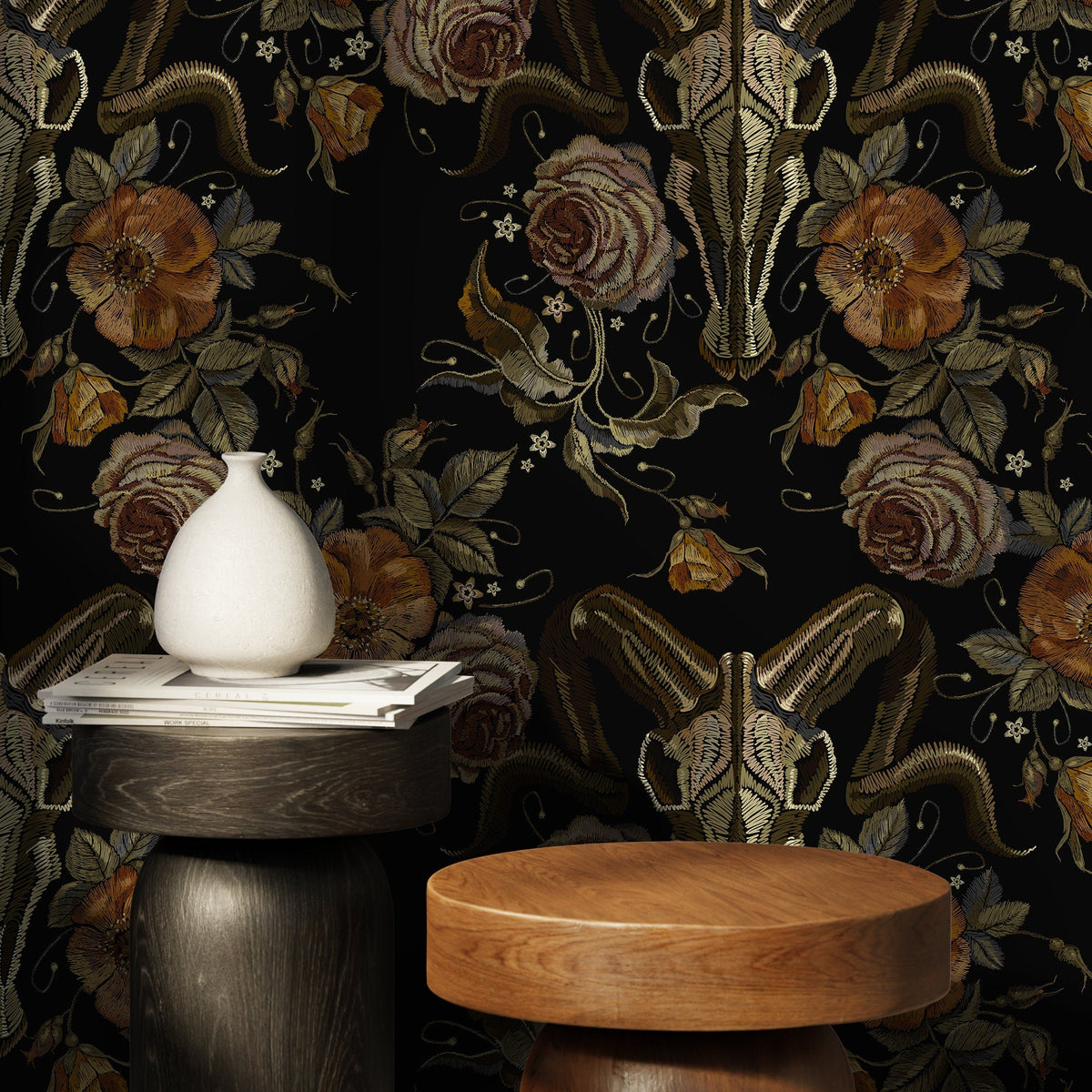 Dark Floral Wallpaper Goat Skull Wallpaper Peel and Stick and Traditional Wallpaper - D888 - WallTrend