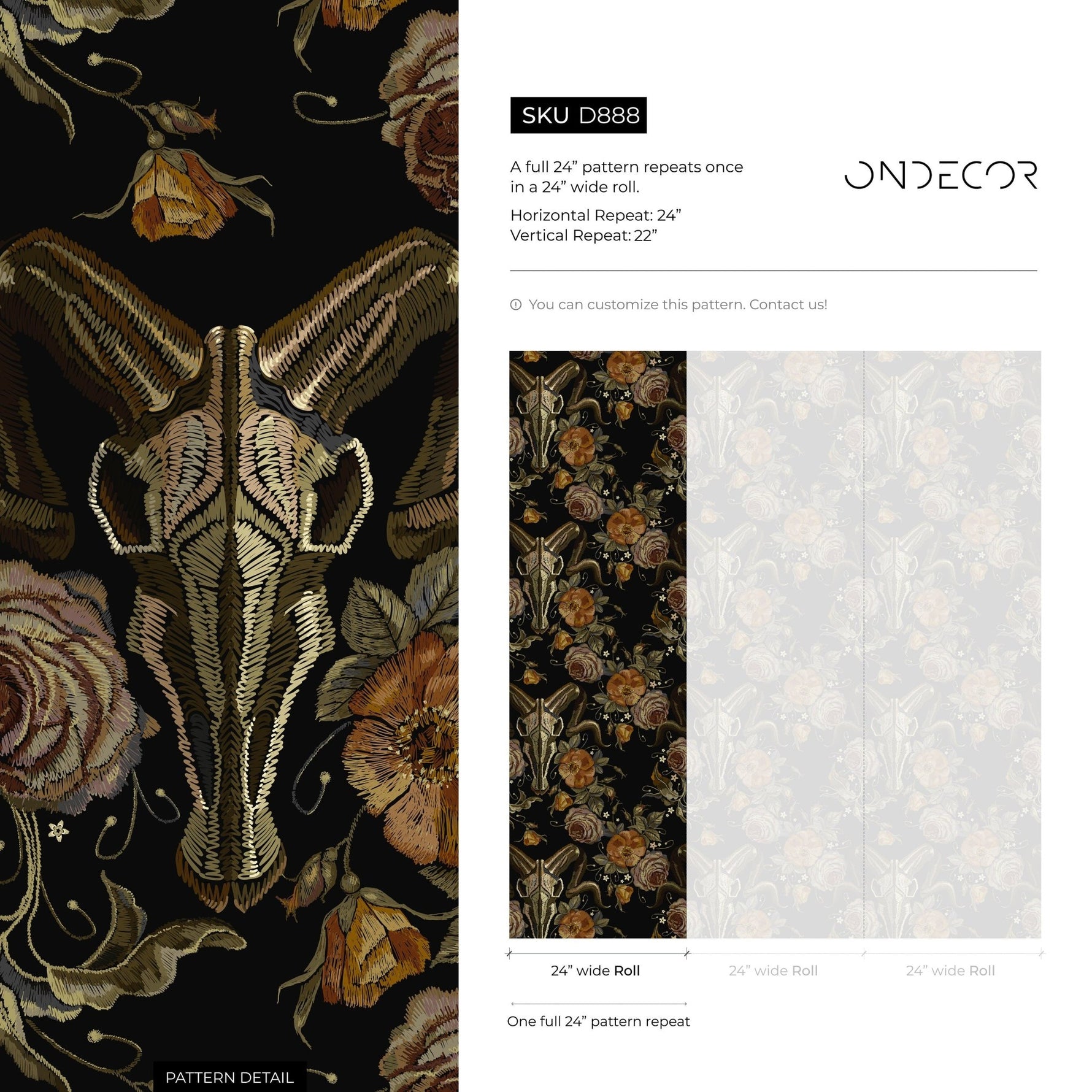 Dark Floral Wallpaper Goat Skull Wallpaper Peel and Stick and Traditional Wallpaper - D888 - WallTrend