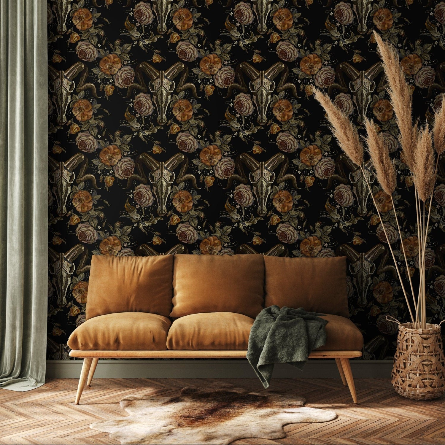 Dark Floral Wallpaper Goat Skull Wallpaper Peel and Stick and Traditional Wallpaper - D888 - WallTrend