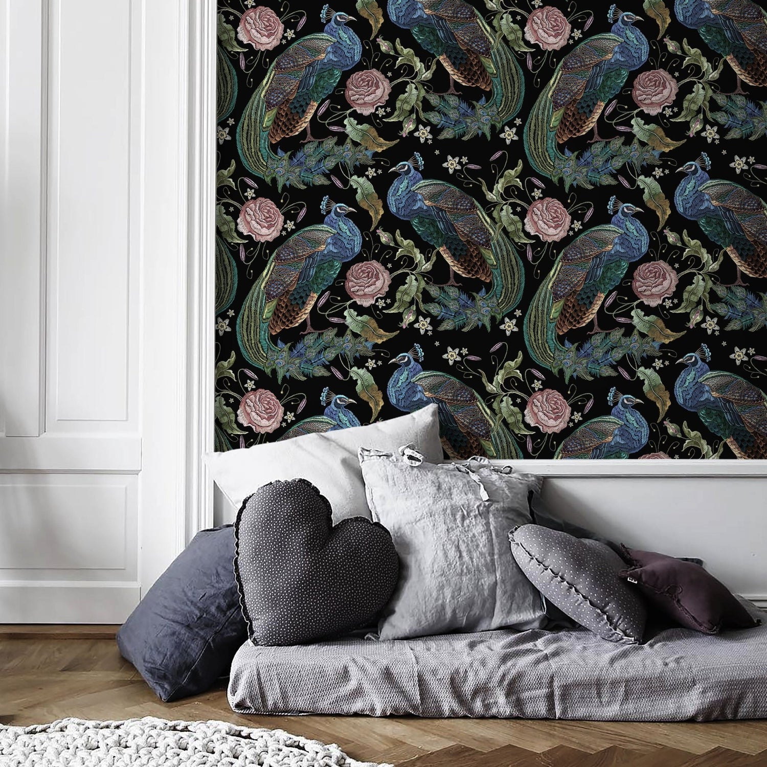 Dark Floral Wallpaper Peacock Wallpaper Peel and Stick and Traditional Wallpaper - D884 - WallTrend