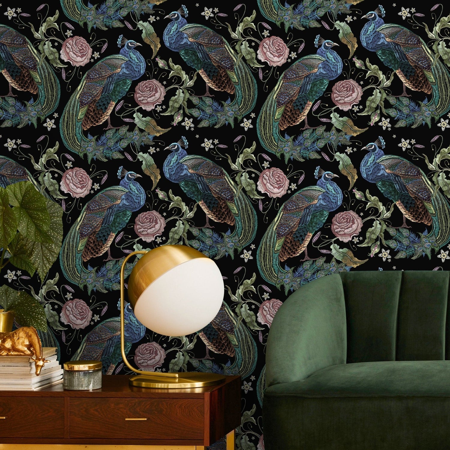 Dark Floral Wallpaper Peacock Wallpaper Peel and Stick and Traditional Wallpaper - D884 - WallTrend