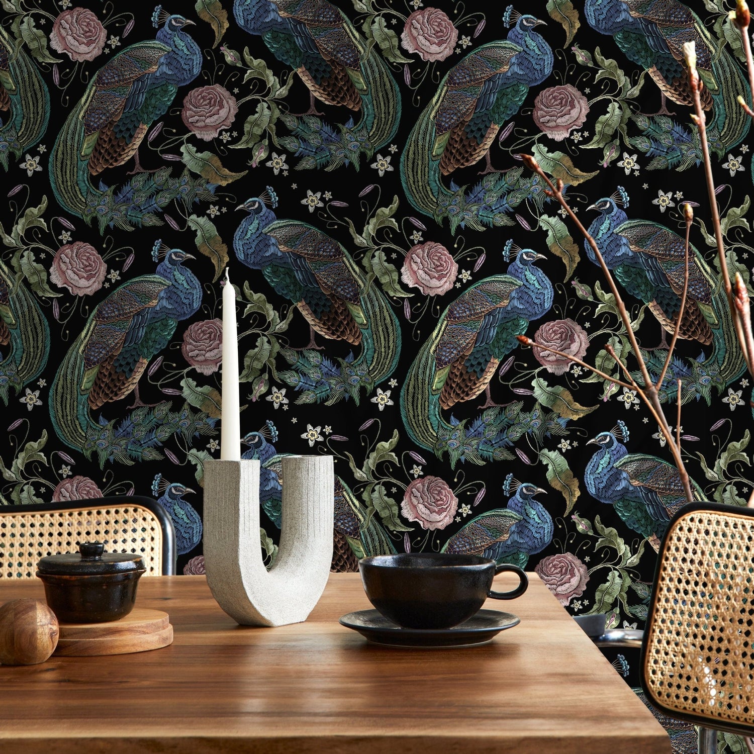 Dark Floral Wallpaper Peacock Wallpaper Peel and Stick and Traditional Wallpaper - D884 - WallTrend