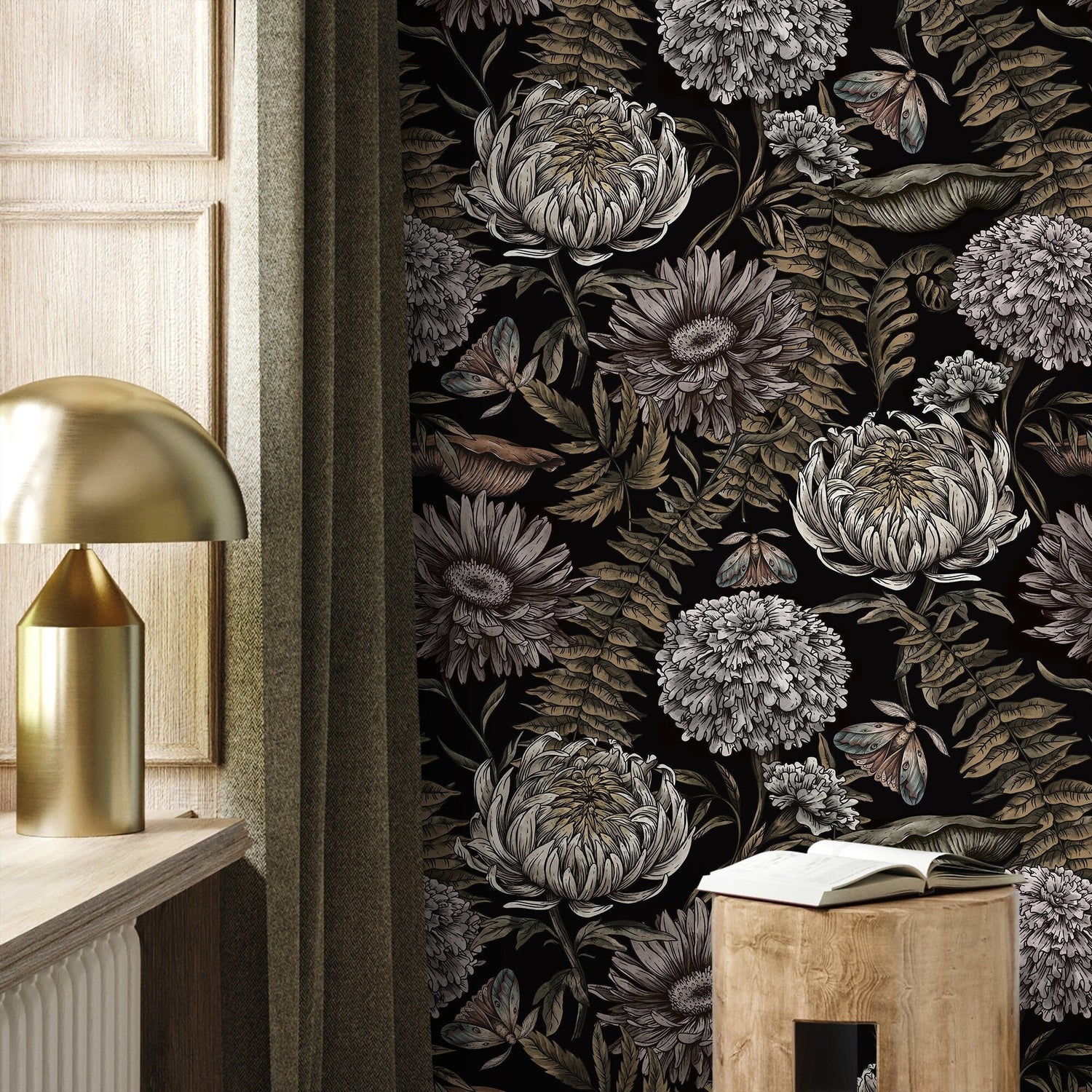 Dark Floral Wallpaper Peonny and Butterflies Wallpaper Peel and Stick and Traditional Wallpaper - D823 - WallTrend