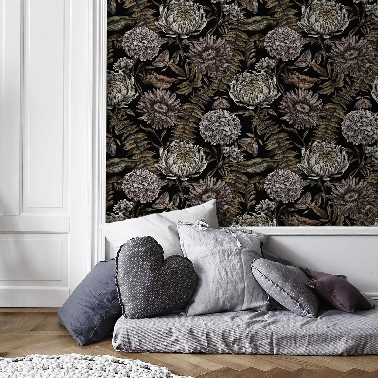 Dark Floral Wallpaper Peonny and Butterflies Wallpaper Peel and Stick and Traditional Wallpaper - D823 - WallTrend