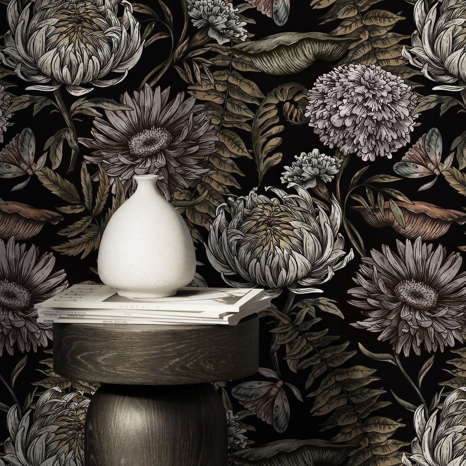 Dark Floral Wallpaper Peonny and Butterflies Wallpaper Peel and Stick and Traditional Wallpaper - D823 - WallTrend