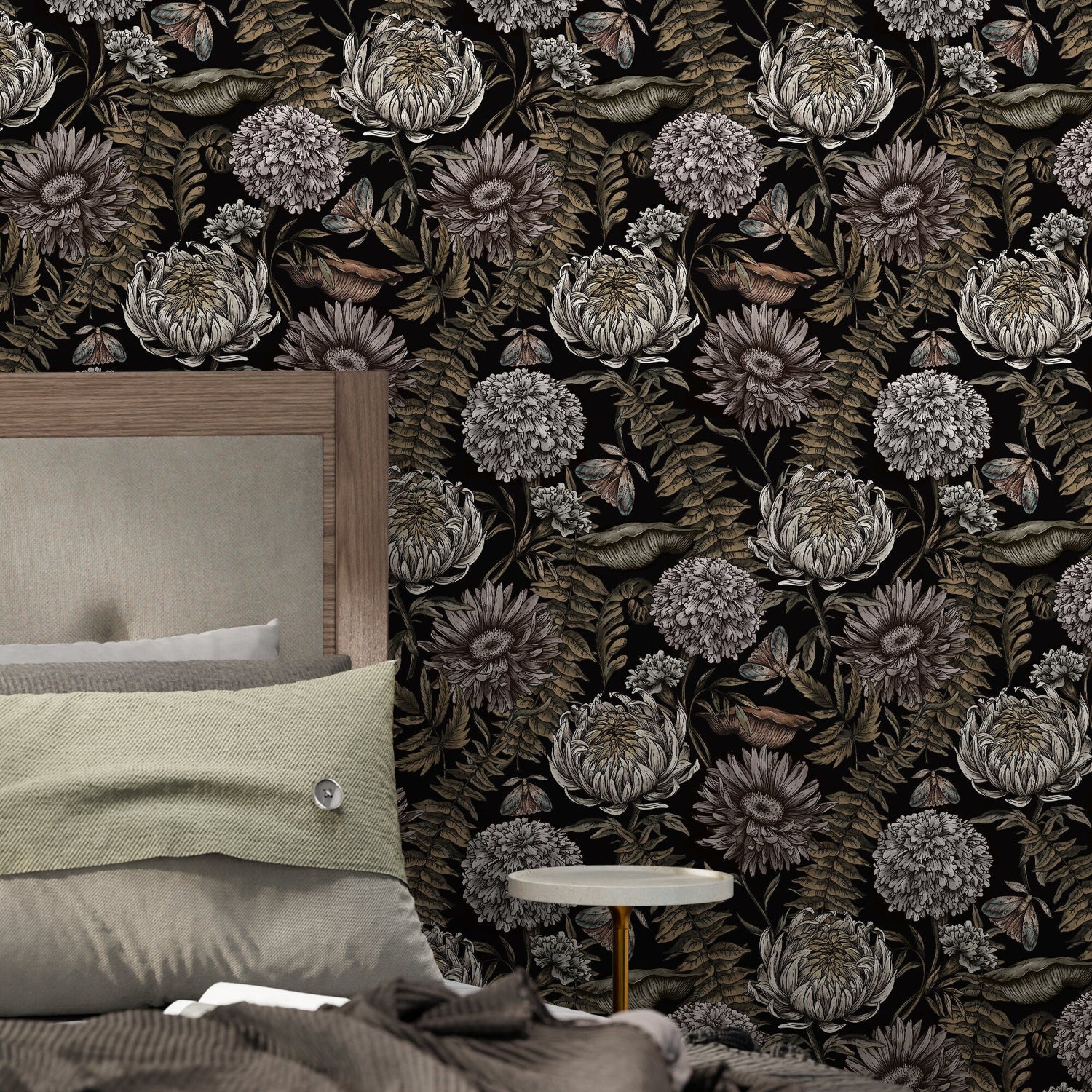 Dark Floral Wallpaper Peonny and Butterflies Wallpaper Peel and Stick and Traditional Wallpaper - D823 - WallTrend