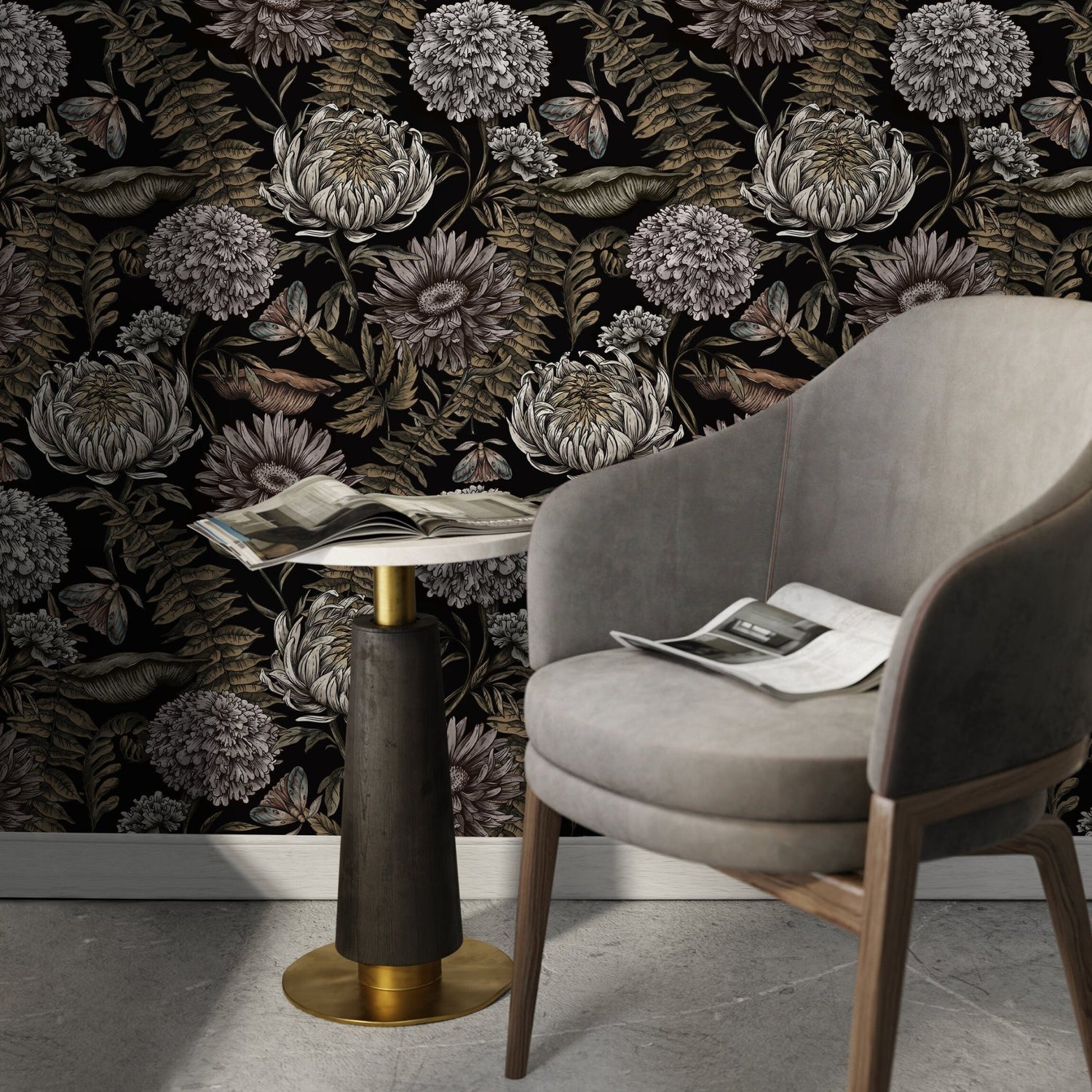 Dark Floral Wallpaper Peonny and Butterflies Wallpaper Peel and Stick and Traditional Wallpaper - D823 - WallTrend