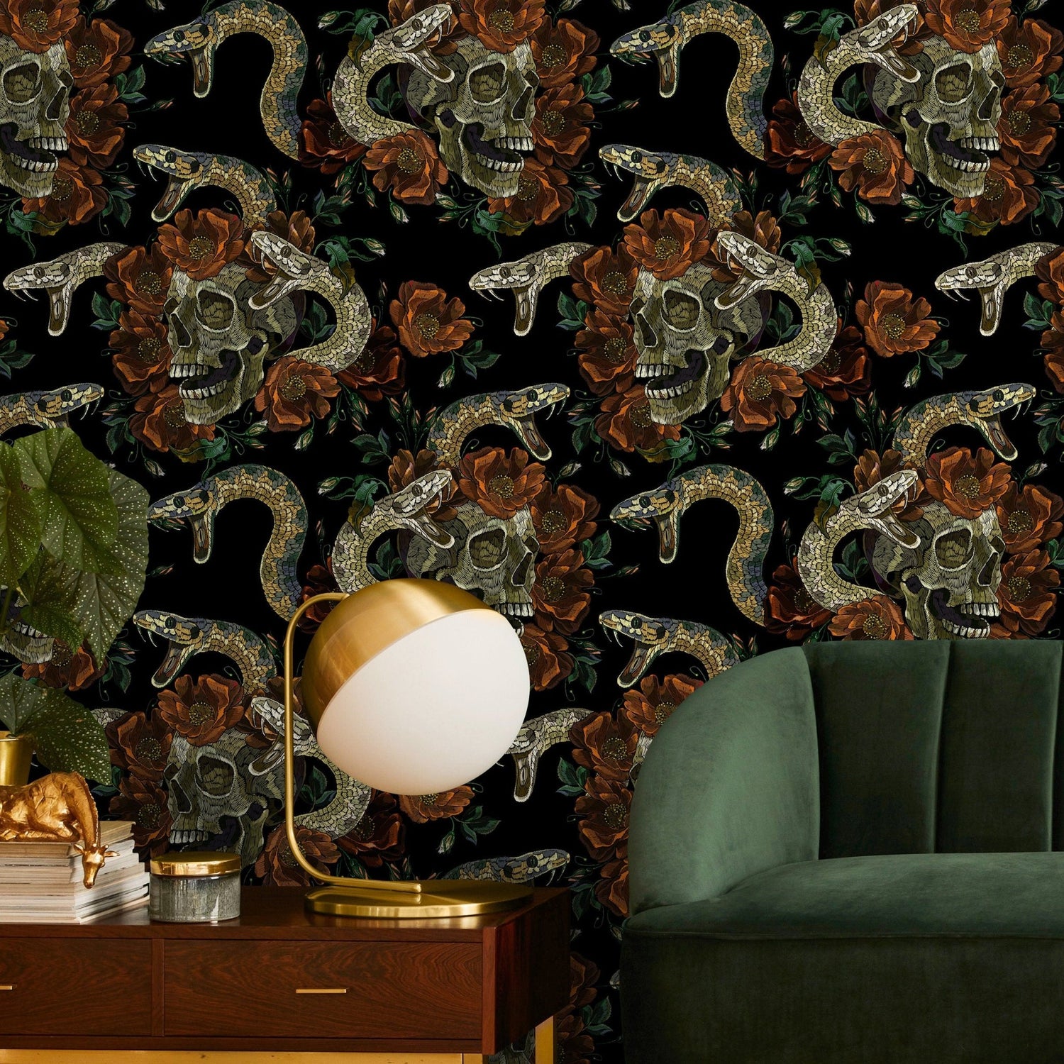 Dark Floral Wallpaper Snake and Skulls Wallpaper Peel and Stick and Traditional Wallpaper - D901 - WallTrend