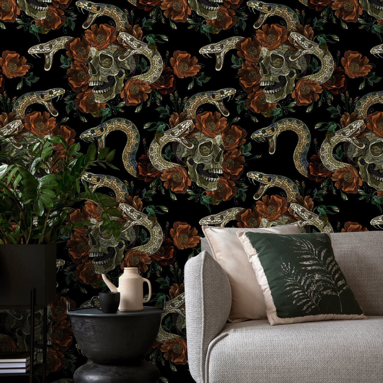 Dark Floral Wallpaper Snake and Skulls Wallpaper Peel and Stick and Traditional Wallpaper - D901 - WallTrend