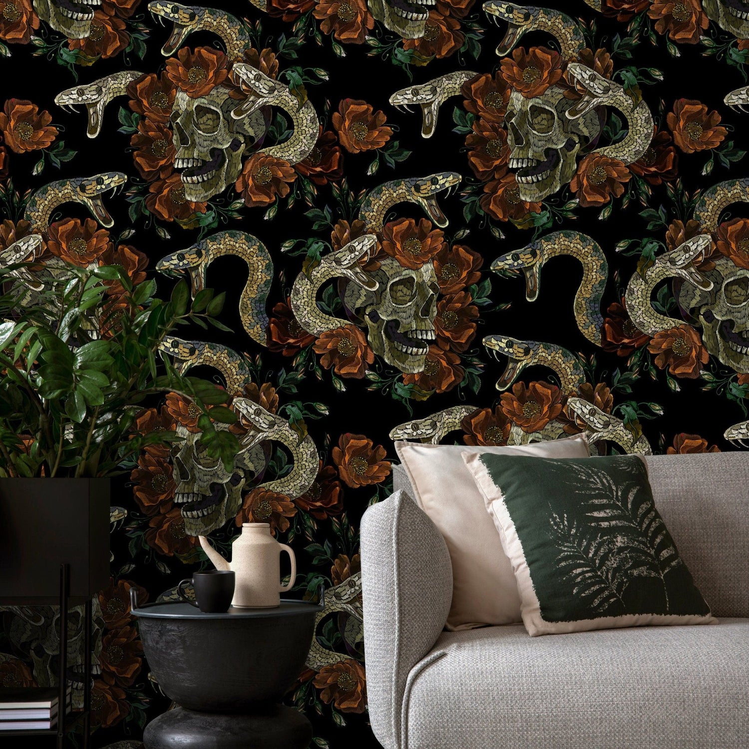 Dark Floral Wallpaper Snake and Skulls Wallpaper Peel and Stick and Traditional Wallpaper - D901 - WallTrend