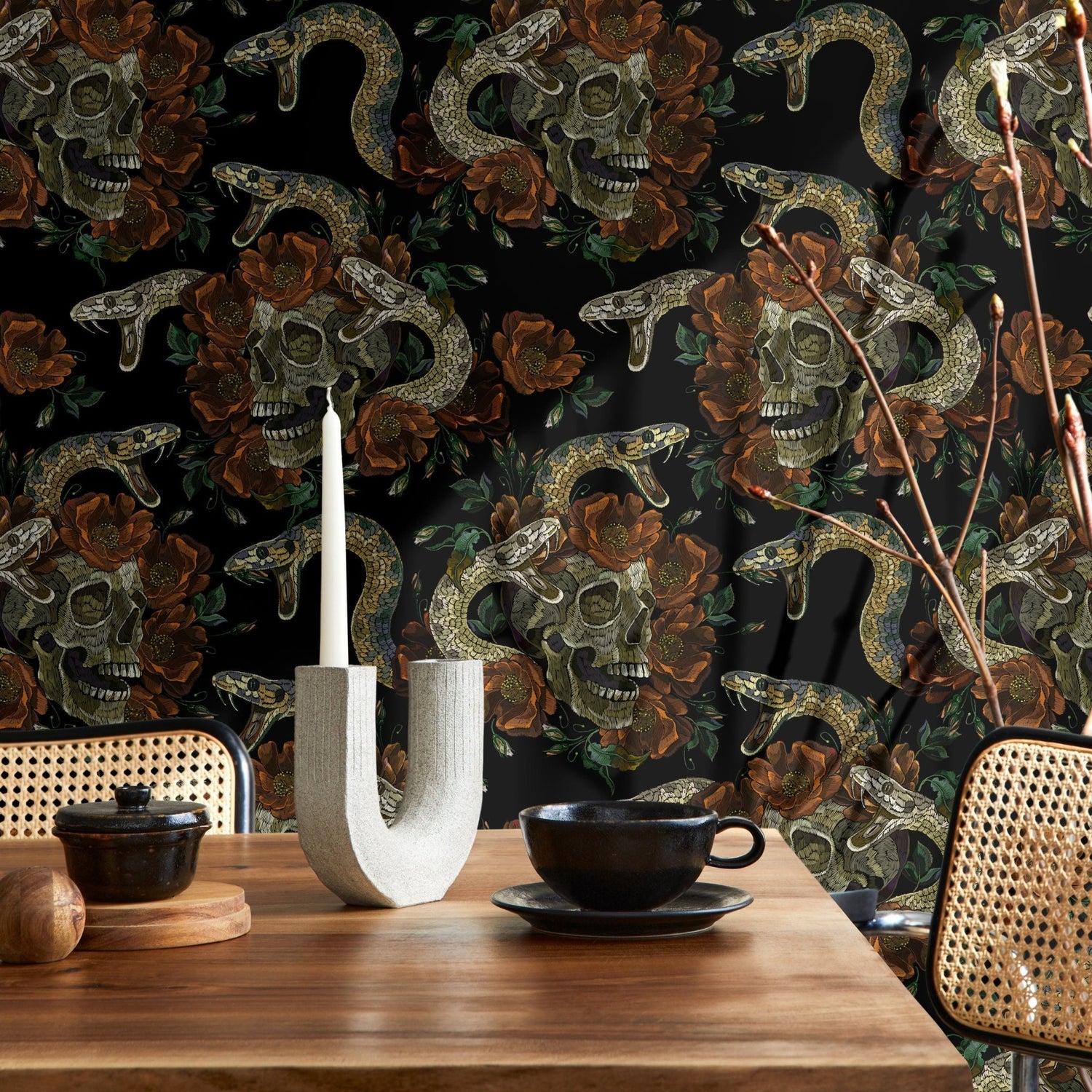 Dark Floral Wallpaper Snake and Skulls Wallpaper Peel and Stick and Traditional Wallpaper - D901 - WallTrend