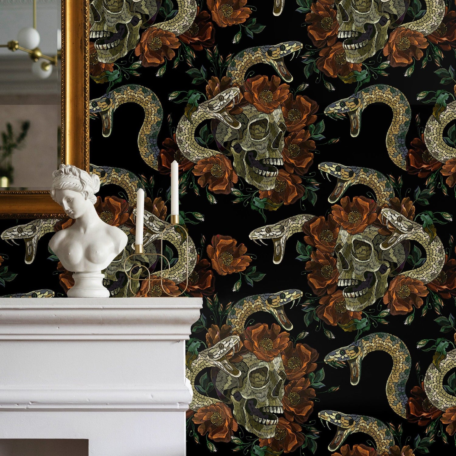 Dark Floral Wallpaper Snake and Skulls Wallpaper Peel and Stick and Traditional Wallpaper - D901 - WallTrend