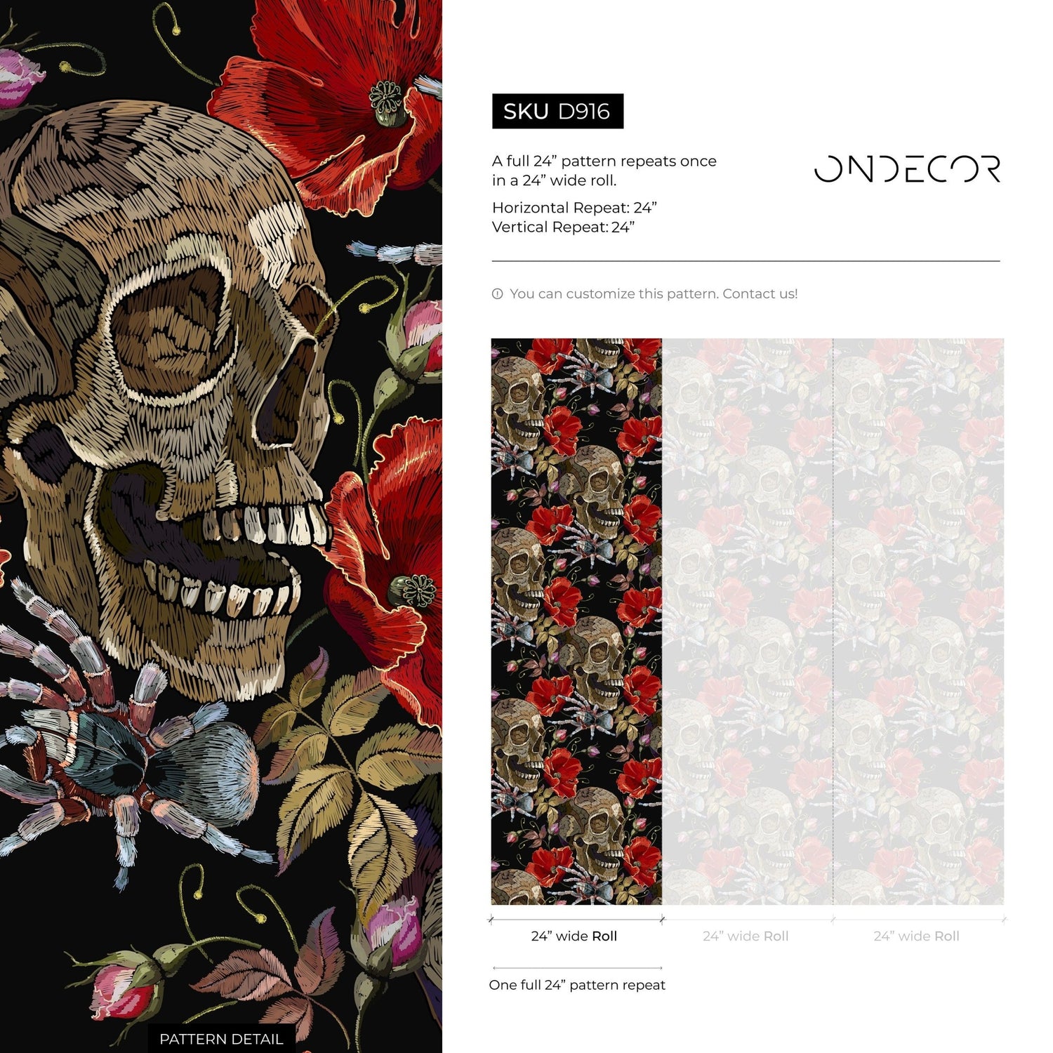 Dark Floral Wallpaper Spider and Skull Wallpaper Peel and Stick and Traditional Wallpaper - D916 - WallTrend