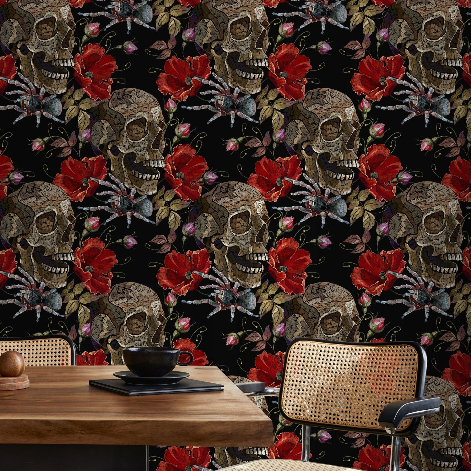 Dark Floral Wallpaper Spider and Skull Wallpaper Peel and Stick and Traditional Wallpaper - D916 - WallTrend