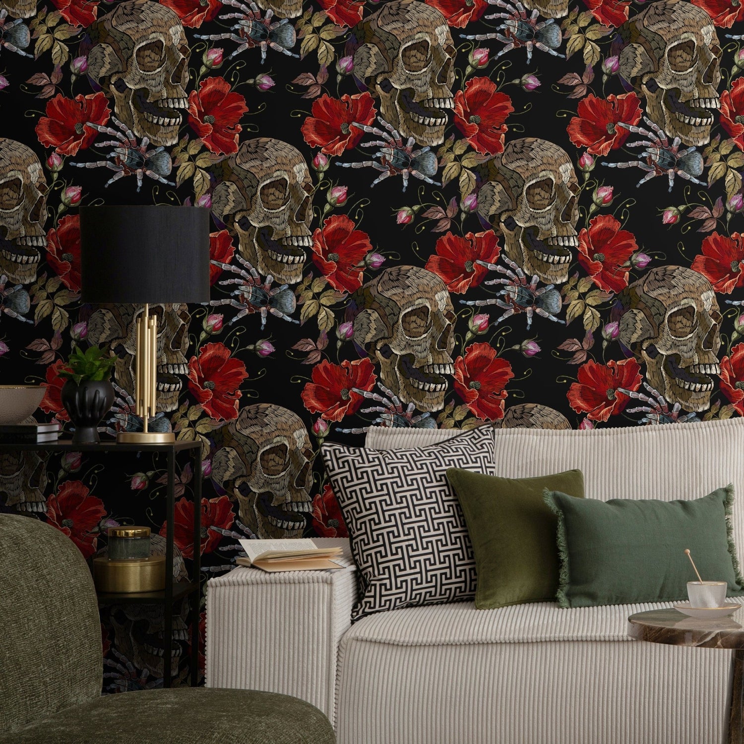 Dark Floral Wallpaper Spider and Skull Wallpaper Peel and Stick and Traditional Wallpaper - D916 - WallTrend