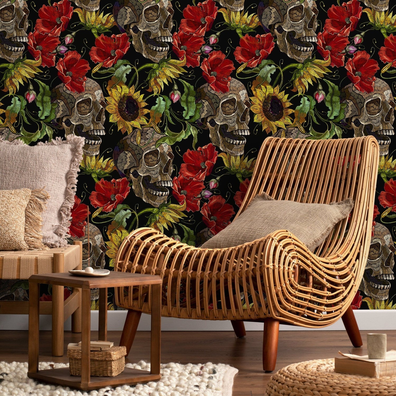 Dark Floral Wallpaper Sunflowers and Skulls Wallpaper Peel and Stick and Traditional Wallpaper - D922 - WallTrend