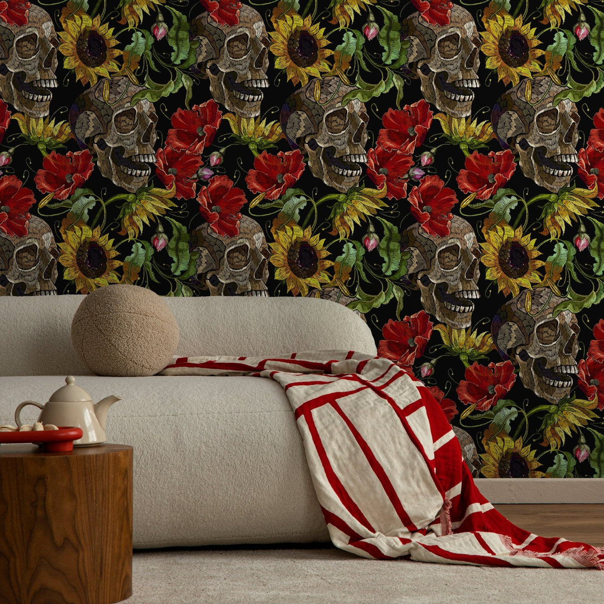 Dark Floral Wallpaper Sunflowers and Skulls Wallpaper Peel and Stick and Traditional Wallpaper - D922 - WallTrend