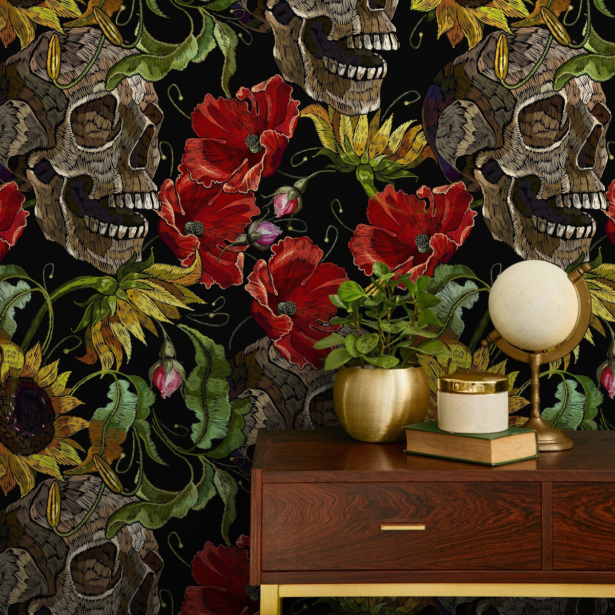 Dark Floral Wallpaper Sunflowers and Skulls Wallpaper Peel and Stick and Traditional Wallpaper - D922 - WallTrend