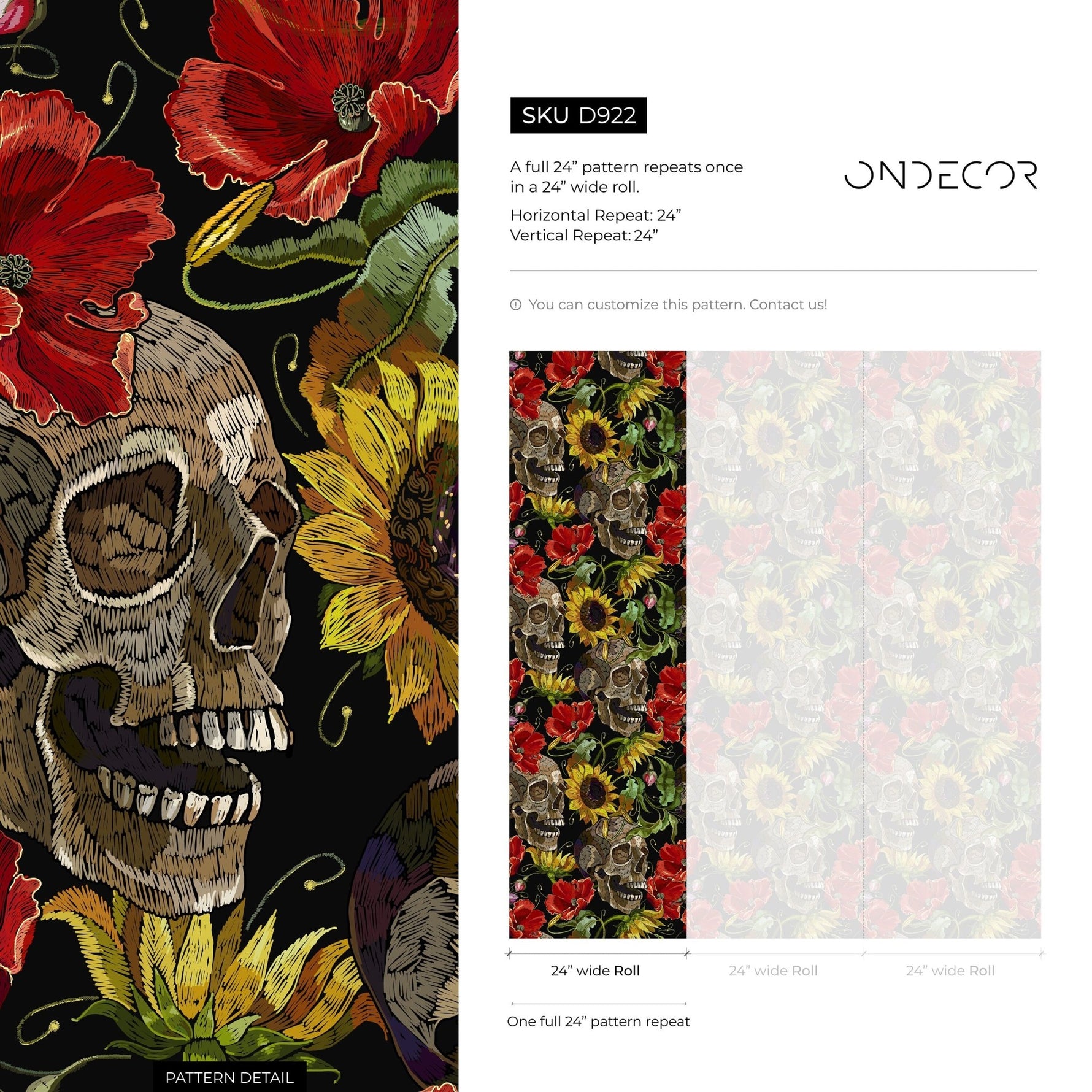 Dark Floral Wallpaper Sunflowers and Skulls Wallpaper Peel and Stick and Traditional Wallpaper - D922 - WallTrend