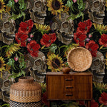 Dark Floral Wallpaper Sunflowers and Skulls Wallpaper Peel and Stick and Traditional Wallpaper - D922 - WallTrend