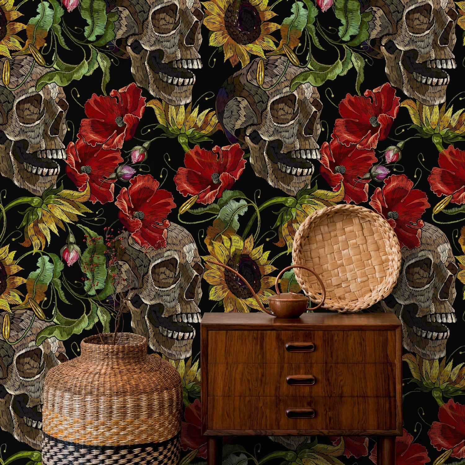 Dark Floral Wallpaper Sunflowers and Skulls Wallpaper Peel and Stick and Traditional Wallpaper - D922 - WallTrend