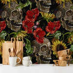 Dark Floral Wallpaper Sunflowers and Skulls Wallpaper Peel and Stick and Traditional Wallpaper - D922 - WallTrend