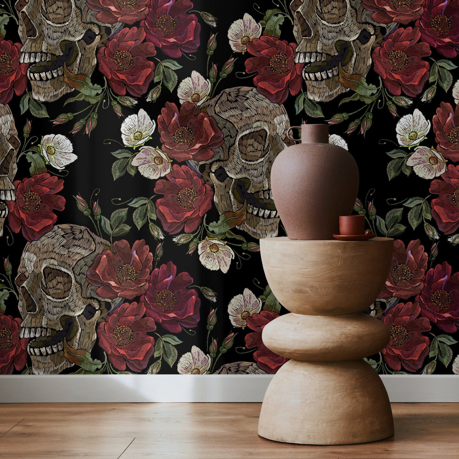 Dark Garden Wallpaper Skulls and Roses Wallpaper Peel and Stick and Traditional Wallpaper - D907 - WallTrend