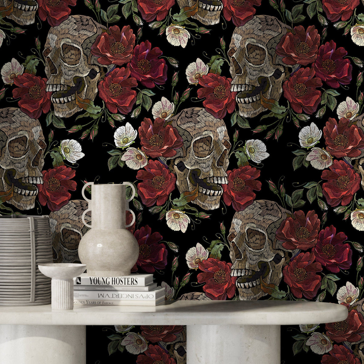 Dark Garden Wallpaper Skulls and Roses Wallpaper Peel and Stick and Traditional Wallpaper - D907 - WallTrend