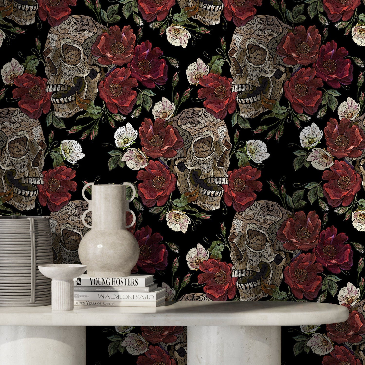Dark Garden Wallpaper Skulls and Roses Wallpaper Peel and Stick and Traditional Wallpaper - D907 - WallTrend